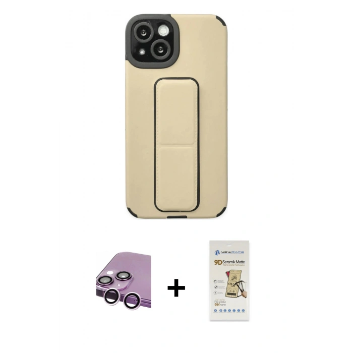 MARSİLYAN™- iPhone 14 Plus Kılıf Çekirdek Yansıma - Siyah Mat Seramik Nano Ekran Koruyucu + Mor Raze Metal Kamera Lens