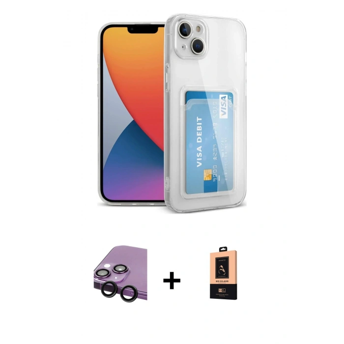 MARSİLYAN™- iPhone 14 Plus Kılıf Doruk Klasik Koleksiyonu - Şeffaf Maxco Cam Ekran Koruyucu + Siyah Raze Metal Kamera Lens