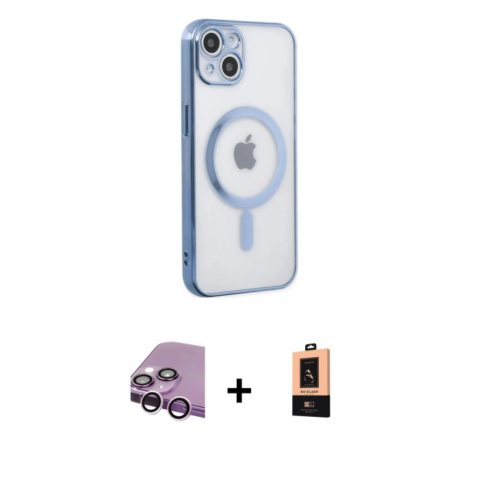 MARSİLYAN™- iPhone 14 Plus Kılıf Doruk Minimal - Şeffaf Maxco Cam Ekran Koruyucu + Raze Metal Kamera Lens - MR