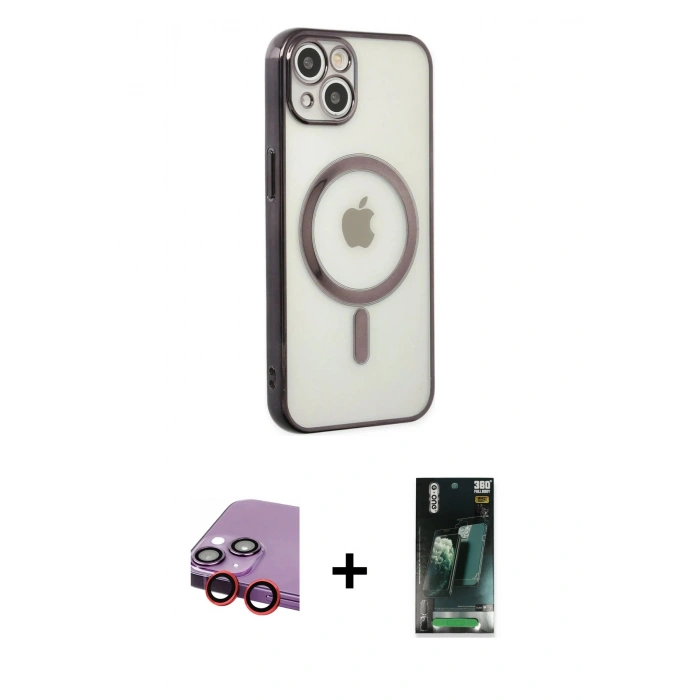 MARSİLYAN™- iPhone 14 Plus Kılıf Doruk Minimal - Siyah 360 Mat Full Body Arka Koruyucu + Raze Metal Kamera Lens - KI