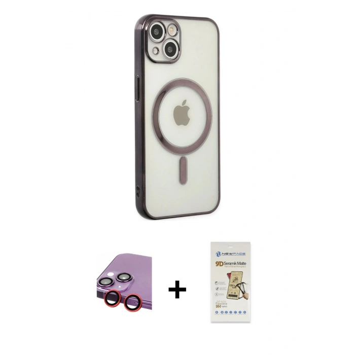 MARSİLYAN™- iPhone 14 Plus Kılıf Doruk Minimal - Siyah Mat Seramik Nano Ekran Koruyucu + Raze Metal Kamera Lens - KI