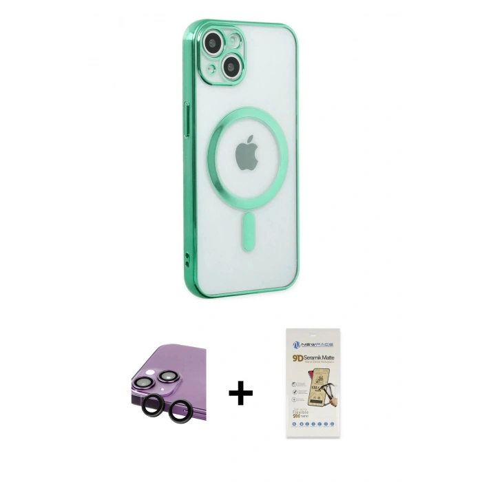 MARSİLYAN™- iPhone 14 Plus Kılıf Doruk Minimal - Siyah Mat Seramik Nano Ekran Koruyucu + Raze Metal Kamera Lens - SH