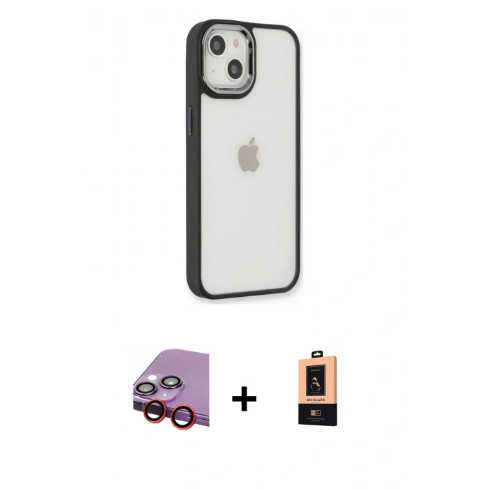 MARSİLYAN™- iPhone 14 Plus Kılıf Eksen Doku Prime - Şeffaf Maxco Cam Ekran Koruyucu + Raze Metal Kamera Lens - KI