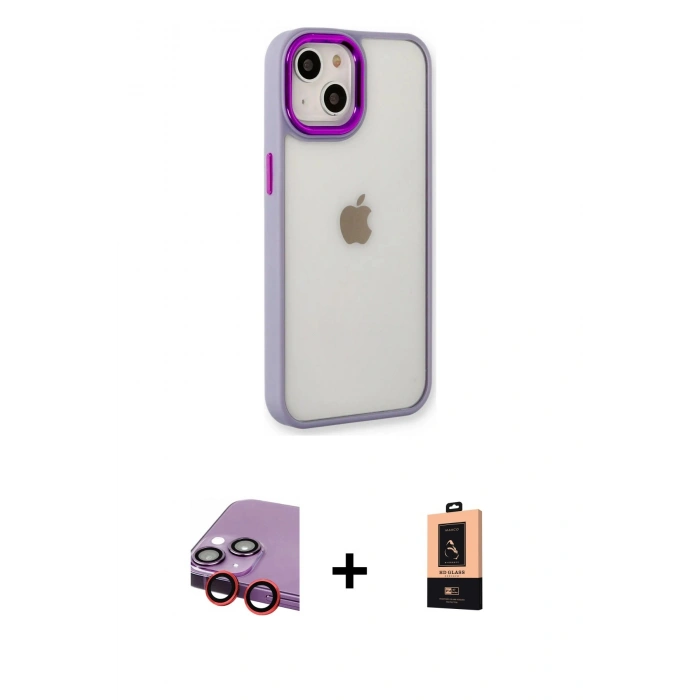 MARSİLYAN™- iPhone 14 Plus Kılıf Eksen Doku Prime - Şeffaf Maxco Cam Ekran Koruyucu + Raze Metal Kamera Lens - KI