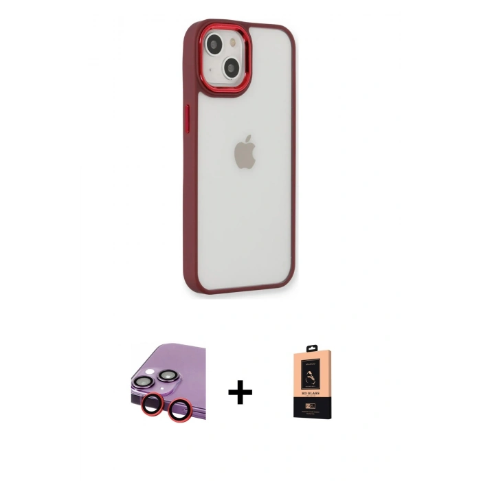 MARSİLYAN™- iPhone 14 Plus Kılıf Eksen Doku Prime - Şeffaf Maxco Cam Ekran Koruyucu + Raze Metal Kamera Lens - KI