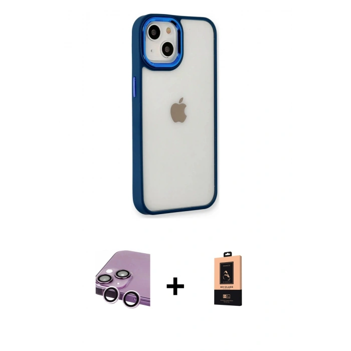 MARSİLYAN™- iPhone 14 Plus Kılıf Eksen Doku Prime - Şeffaf Maxco Cam Ekran Koruyucu + Raze Metal Kamera Lens - MR