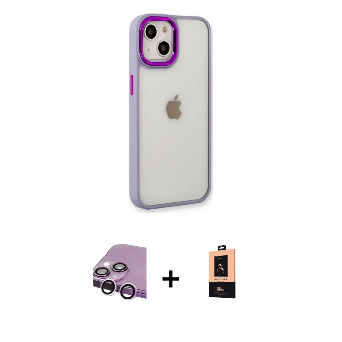 MARSİLYAN™- iPhone 14 Plus Kılıf Eksen Doku Prime - Şeffaf Maxco Cam Ekran Koruyucu + Raze Metal Kamera Lens - MR
