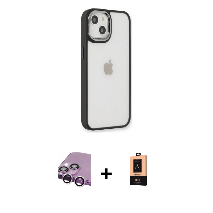 MARSİLYAN™- iPhone 14 Plus Kılıf Eksen Doku Prime - Şeffaf Maxco Cam Ekran Koruyucu + Raze Metal Kamera Lens - MR