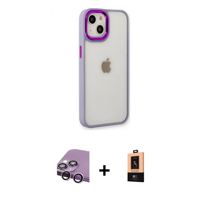 MARSİLYAN™- iPhone 14 Plus Kılıf Eksen Doku Prime - Şeffaf Maxco Cam Ekran Koruyucu + Raze Metal Kamera Lens - GS