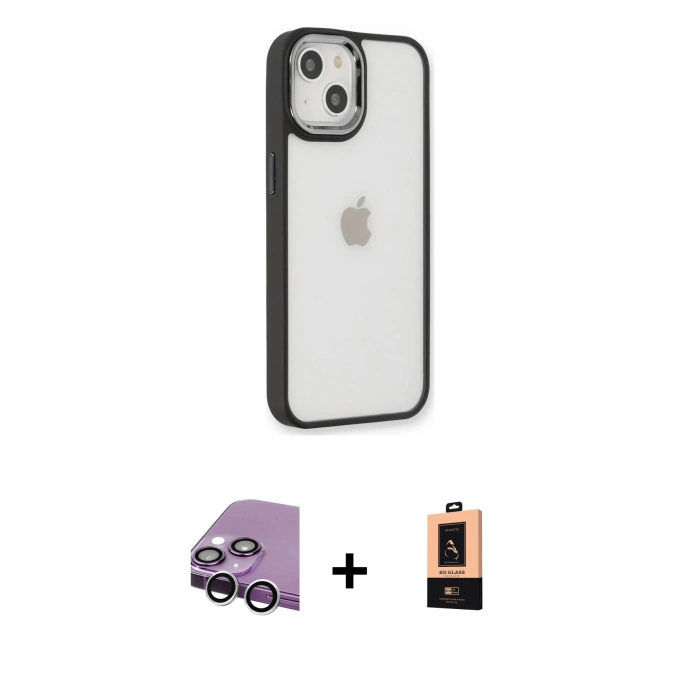 MARSİLYAN™- iPhone 14 Plus Kılıf Eksen Doku Prime - Şeffaf Maxco Cam Ekran Koruyucu + Raze Metal Kamera Lens - GS