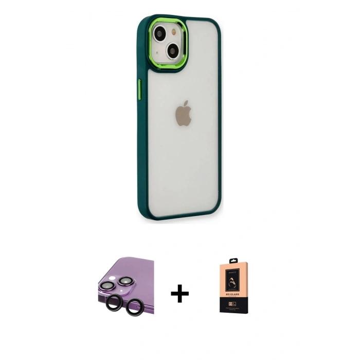 MARSİLYAN™- iPhone 14 Plus Kılıf Eksen Doku Prime - Şeffaf Maxco Cam Ekran Koruyucu + Siyah Raze Metal Kamera Lens