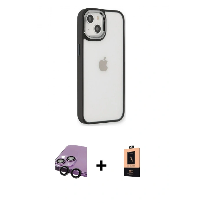 MARSİLYAN™- iPhone 14 Plus Kılıf Eksen Doku Prime - Şeffaf Maxco Cam Ekran Koruyucu + Siyah Raze Metal Kamera Lens