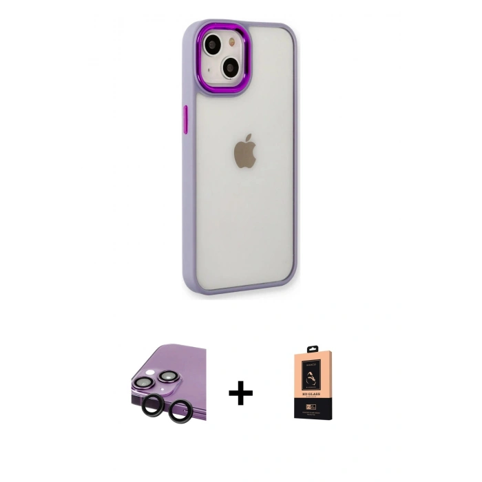 MARSİLYAN™- iPhone 14 Plus Kılıf Eksen Doku Prime - Şeffaf Maxco Cam Ekran Koruyucu + Siyah Raze Metal Kamera Lens