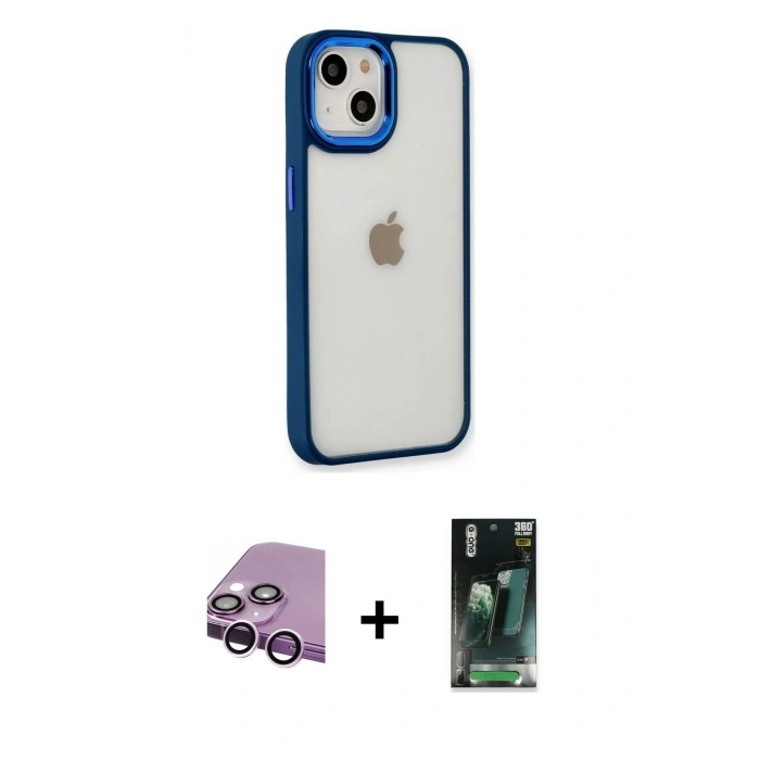 MARSİLYAN™- iPhone 14 Plus Kılıf Eksen Doku Prime - Siyah 360 Mat Full Body Arka Koruyucu + Raze Metal Kamera Lens - MR