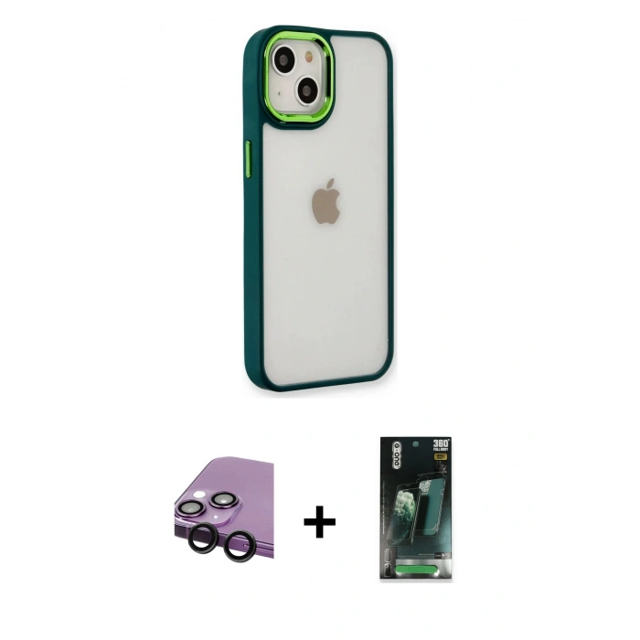 MARSİLYAN™- iPhone 14 Plus Kılıf Eksen Doku Prime - Siyah 360 Mat Full Body Arka Koruyucu + Raze Metal Kamera Lens - SH