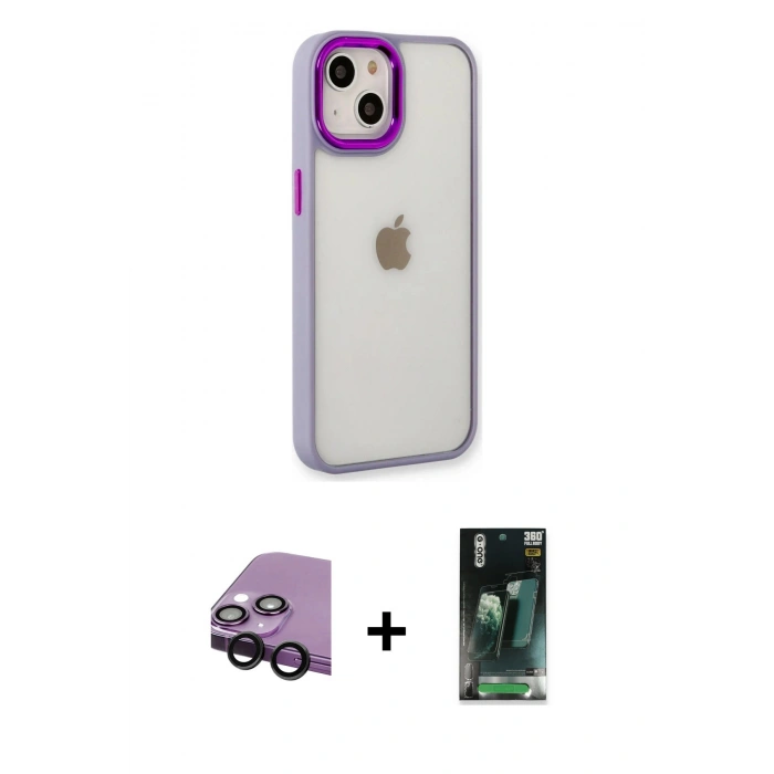 MARSİLYAN™- iPhone 14 Plus Kılıf Eksen Doku Prime - Siyah 360 Mat Full Body Arka Koruyucu + Raze Metal Kamera Lens - SH