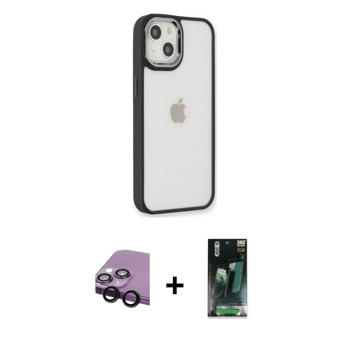 MARSİLYAN™- iPhone 14 Plus Kılıf Eksen Doku Prime - Siyah 360 Mat Full Body Arka Koruyucu + Raze Metal Kamera Lens - SH