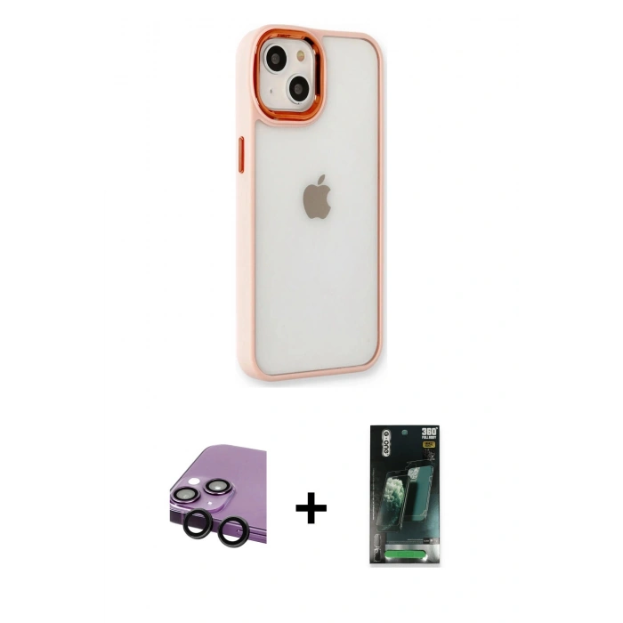 MARSİLYAN™- iPhone 14 Plus Kılıf Eksen Doku Prime - Siyah 360 Mat Full Body Arka Koruyucu + Raze Metal Kamera Lens - SH