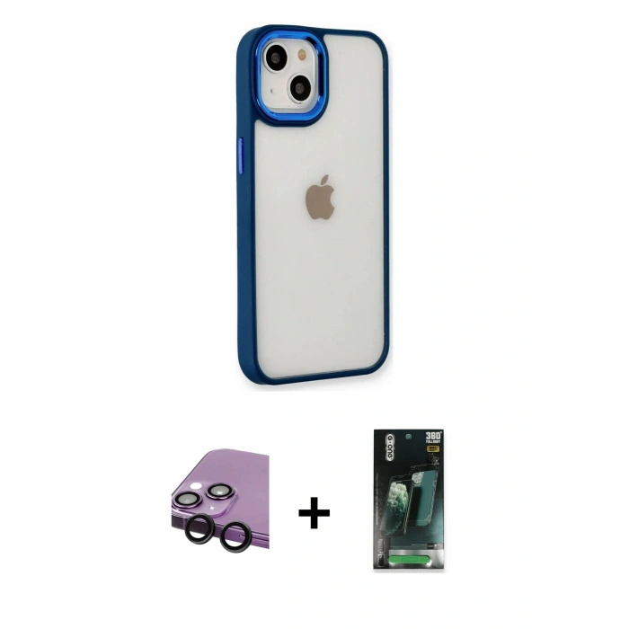 MARSİLYAN™- iPhone 14 Plus Kılıf Eksen Doku Prime - Siyah 360 Mat Full Body Arka Koruyucu + Raze Metal Kamera Lens - SH