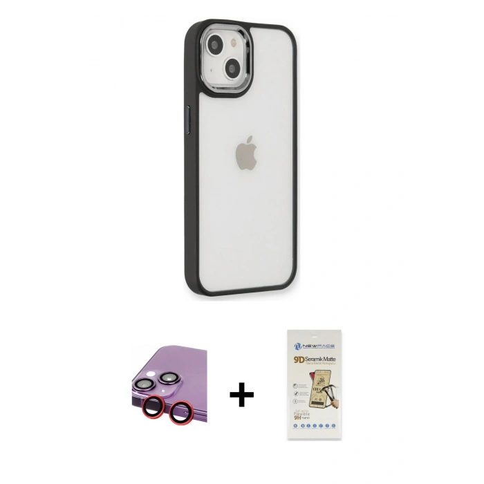 MARSİLYAN™- iPhone 14 Plus Kılıf Eksen Doku Prime - Siyah Mat Seramik Nano Ekran Koruyucu + Raze Metal Kamera Lens - KI