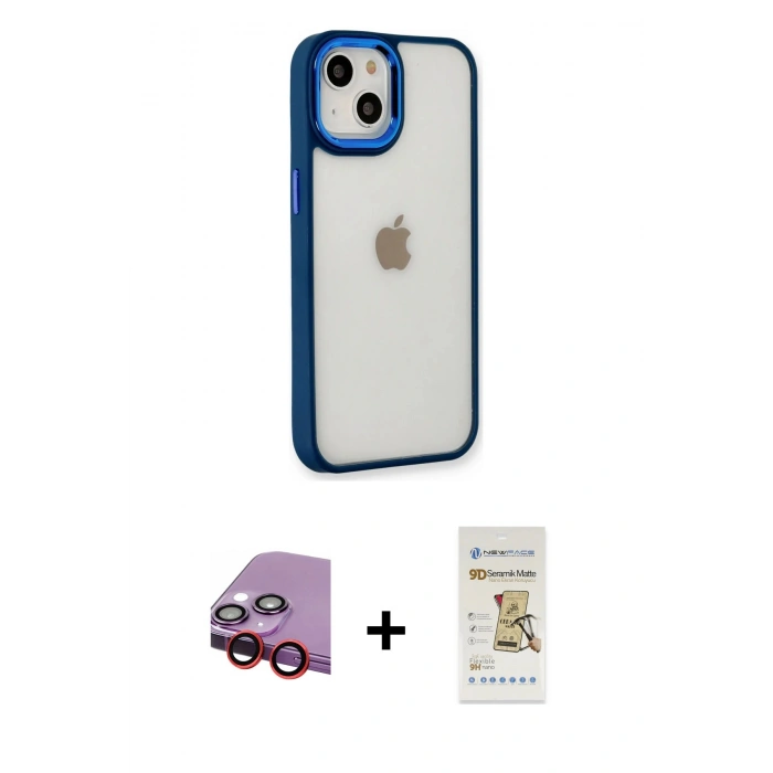 MARSİLYAN™- iPhone 14 Plus Kılıf Eksen Doku Prime - Siyah Mat Seramik Nano Ekran Koruyucu + Raze Metal Kamera Lens - KI