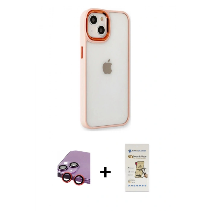 MARSİLYAN™- iPhone 14 Plus Kılıf Eksen Doku Prime - Siyah Mat Seramik Nano Ekran Koruyucu + Raze Metal Kamera Lens - KI