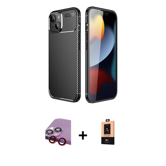 MARSİLYAN™- iPhone 14 Plus Kılıf Eksen Form Prime - Şeffaf Maxco Cam Ekran Koruyucu + Raze Metal Kamera Lens - KI