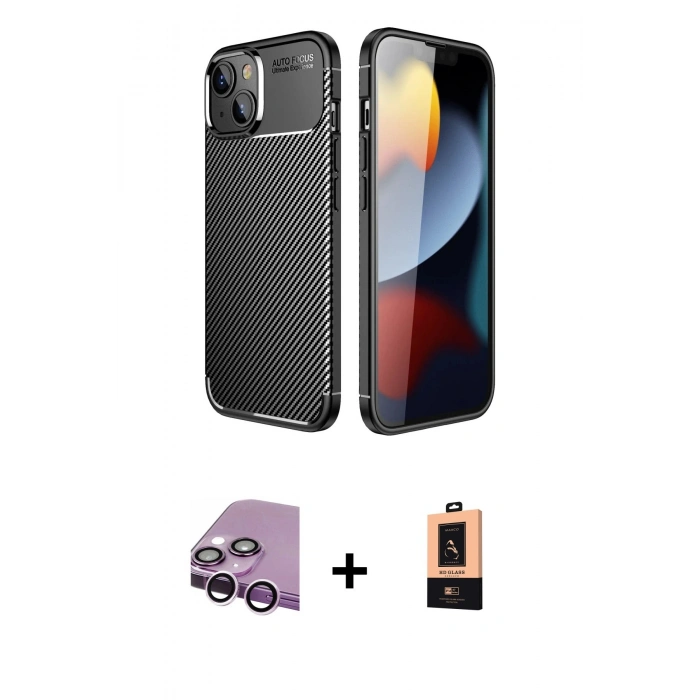 MARSİLYAN™- iPhone 14 Plus Kılıf Eksen Form Prime - Şeffaf Maxco Cam Ekran Koruyucu + Raze Metal Kamera Lens - MR
