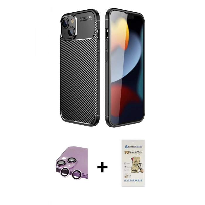 MARSİLYAN™- iPhone 14 Plus Kılıf Eksen Form Prime - Siyah Mat Seramik Nano Ekran Koruyucu + Raze Metal Kamera Lens - MR