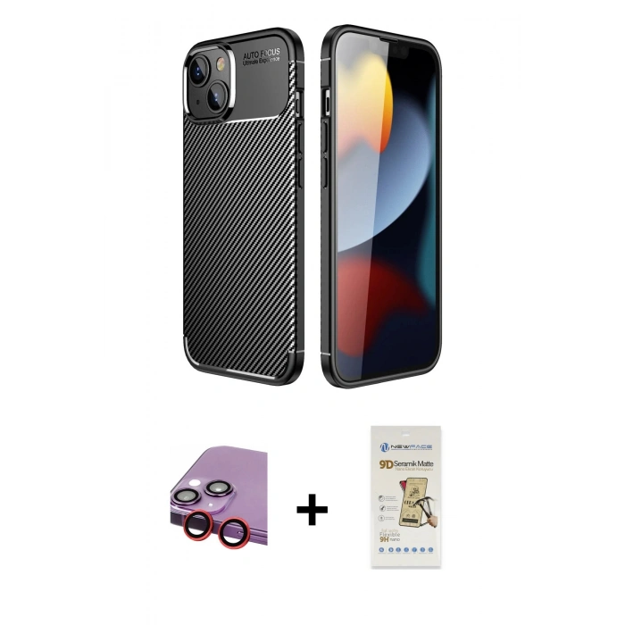 MARSİLYAN™- iPhone 14 Plus Kılıf Eksen Form Prime - Siyah Mat Seramik Nano Ekran Koruyucu + Raze Metal Kamera Lens - KI