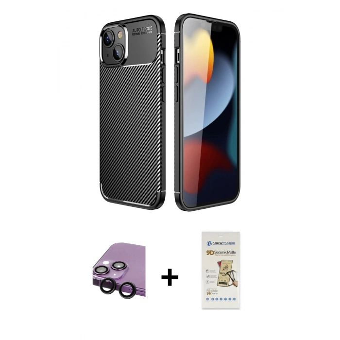 MARSİLYAN™- iPhone 14 Plus Kılıf Eksen Form Prime - Siyah Mat Seramik Nano Ekran Koruyucu + Raze Metal Kamera Lens - SH