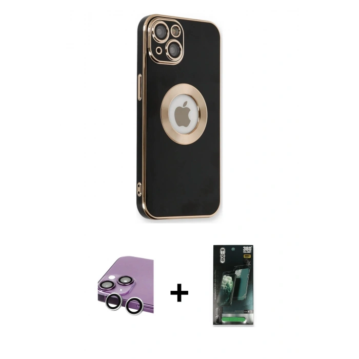 MARSİLYAN™- iPhone 14 Plus Kılıf İz Form Serisi - Siyah 360 Mat Full Body Arka Koruyucu + Raze Metal Kamera Lens - GS