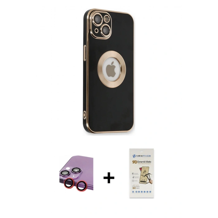 MARSİLYAN™- iPhone 14 Plus Kılıf İz Form Serisi - Siyah Mat Seramik Nano Ekran Koruyucu + Raze Metal Kamera Lens - KI