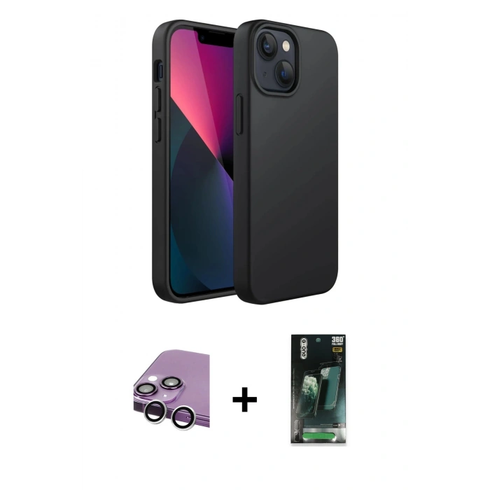 MARSİLYAN™- iPhone 14 Plus Kılıf Kozmos Yansıma Özel Seri - Siyah 360 Mat Full Body Arka Koruyucu + Raze Metal Kamera Lens - GS