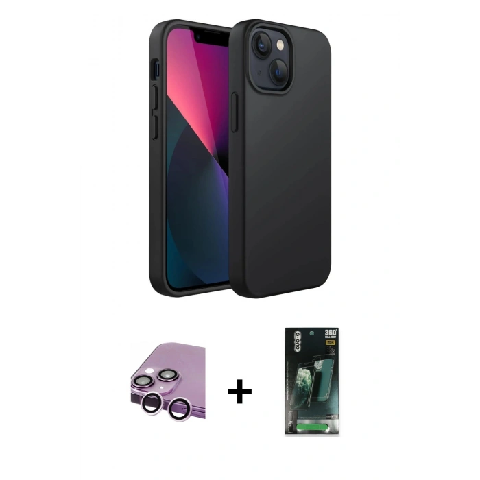 MARSİLYAN™- iPhone 14 Plus Kılıf Kozmos Yansıma Özel Seri - Siyah 360 Mat Full Body Arka Koruyucu + Raze Metal Kamera Lens - MR
