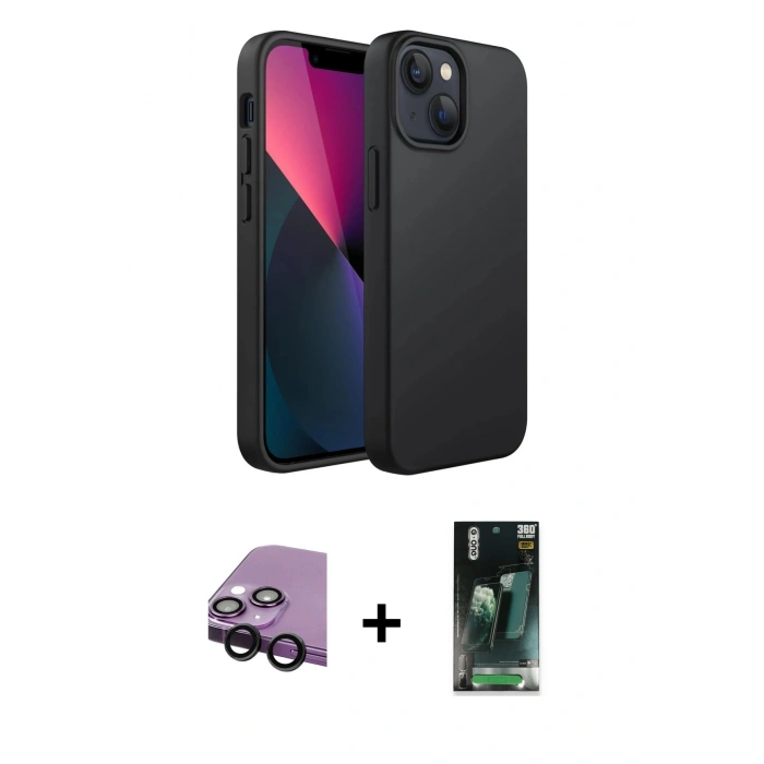 MARSİLYAN™- iPhone 14 Plus Kılıf Kozmos Yansıma Özel Seri - Siyah 360 Mat Full Body Arka Koruyucu + Raze Metal Kamera Lens - SH