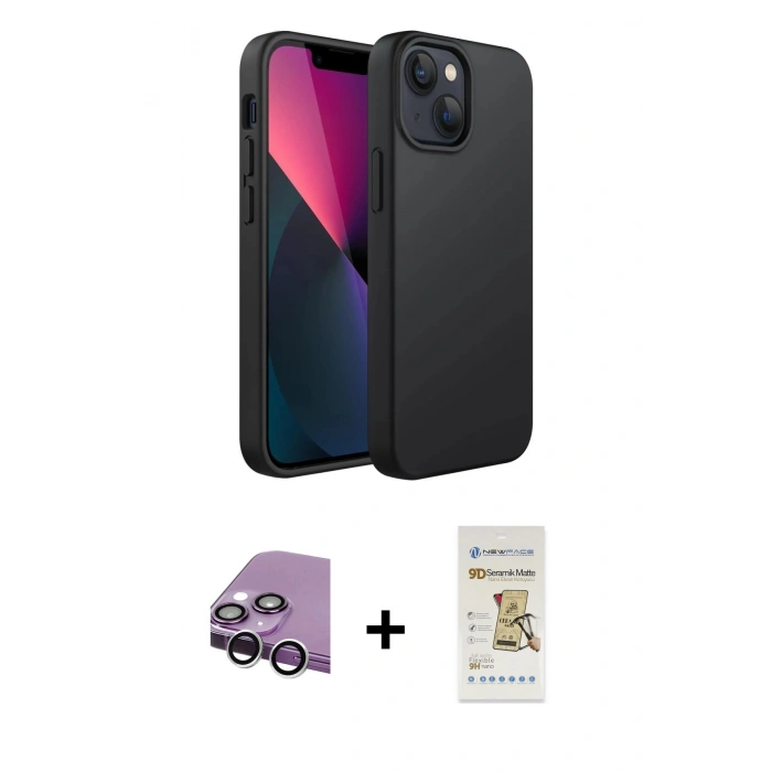 MARSİLYAN™- iPhone 14 Plus Kılıf Kozmos Yansıma Özel Seri - Siyah Mat Seramik Nano Ekran Koruyucu + Raze Metal Kamera Lens - GS