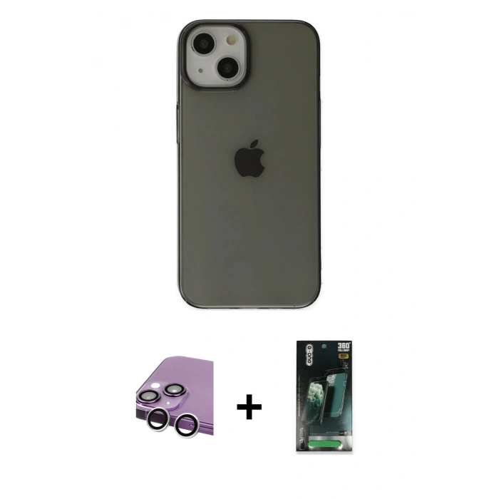 MARSİLYAN™- iPhone 14 Plus Kılıf Kutup Doku Koleksiyonu - Siyah 360 Mat Full Body Arka Koruyucu + Gümüş Raze Metal Kamera Lens