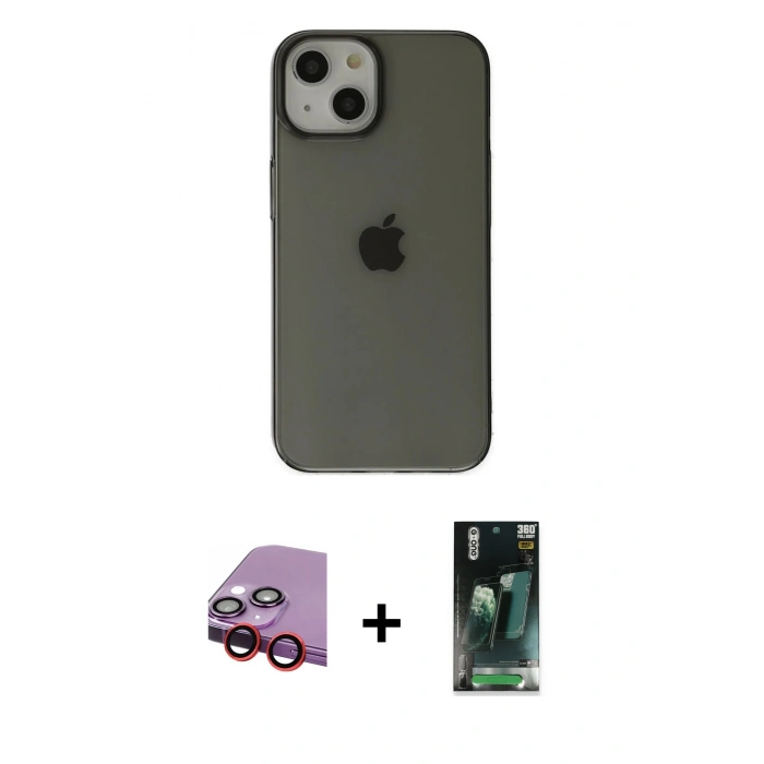 MARSİLYAN™- iPhone 14 Plus Kılıf Kutup Doku Koleksiyonu - Siyah 360 Mat Full Body Arka Koruyucu + Raze Metal Kamera Lens - KI