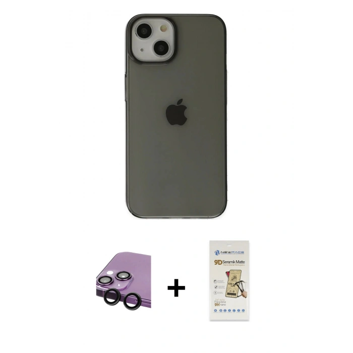 MARSİLYAN™- iPhone 14 Plus Kılıf Kutup Doku Koleksiyonu - Siyah Mat Seramik Nano Ekran Koruyucu + Raze Metal Kamera Lens - SH