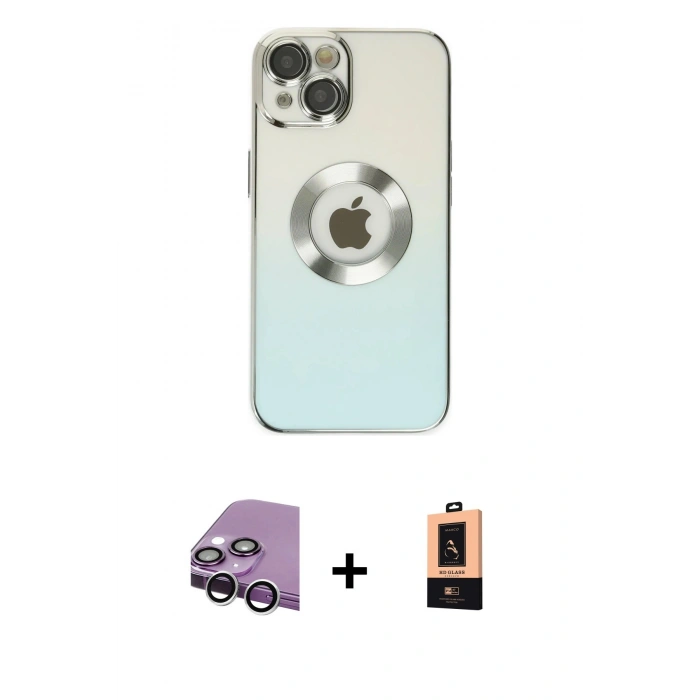 MARSİLYAN™- iPhone 14 Plus Kılıf Kutup Yansıma Özel Seri - Şeffaf Maxco Cam Ekran Koruyucu + Gümüş Raze Metal Kamera Lens
