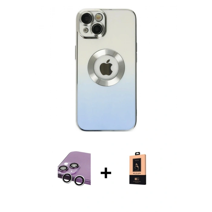 MARSİLYAN™- iPhone 14 Plus Kılıf Kutup Yansıma Özel Seri - Şeffaf Maxco Cam Ekran Koruyucu + Gümüş Raze Metal Kamera Lens