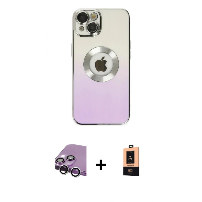 MARSİLYAN™- iPhone 14 Plus Kılıf Kutup Yansıma Özel Seri - Şeffaf Maxco Cam Ekran Koruyucu + Gümüş Raze Metal Kamera Lens