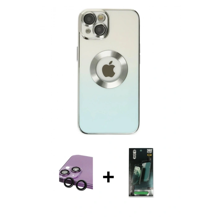 MARSİLYAN™- iPhone 14 Plus Kılıf Kutup Yansıma Özel Seri - Siyah 360 Mat Full Body Arka Koruyucu + Raze Metal Kamera Lens - SH