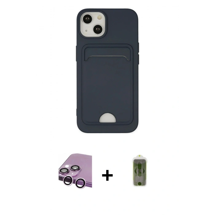 MARSİLYAN™- iPhone 14 Plus Kılıf Vadi Çizgi Prime - Siyah Joko Magic 5D Hayalet Cam + Mor Raze Metal Kamera Lens