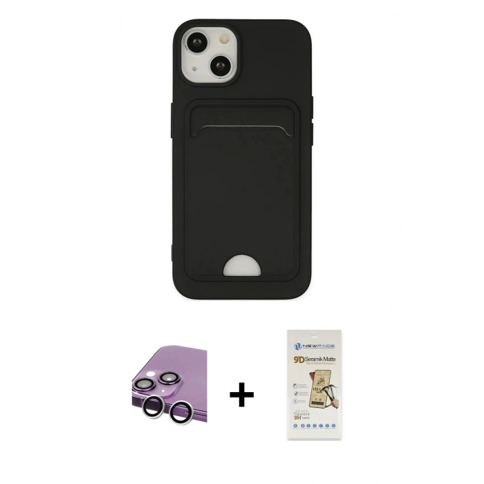 MARSİLYAN™- iPhone 14 Plus Kılıf Vadi Çizgi Prime - Siyah Mat Seramik Nano Ekran Koruyucu + Raze Metal Kamera Lens - GS