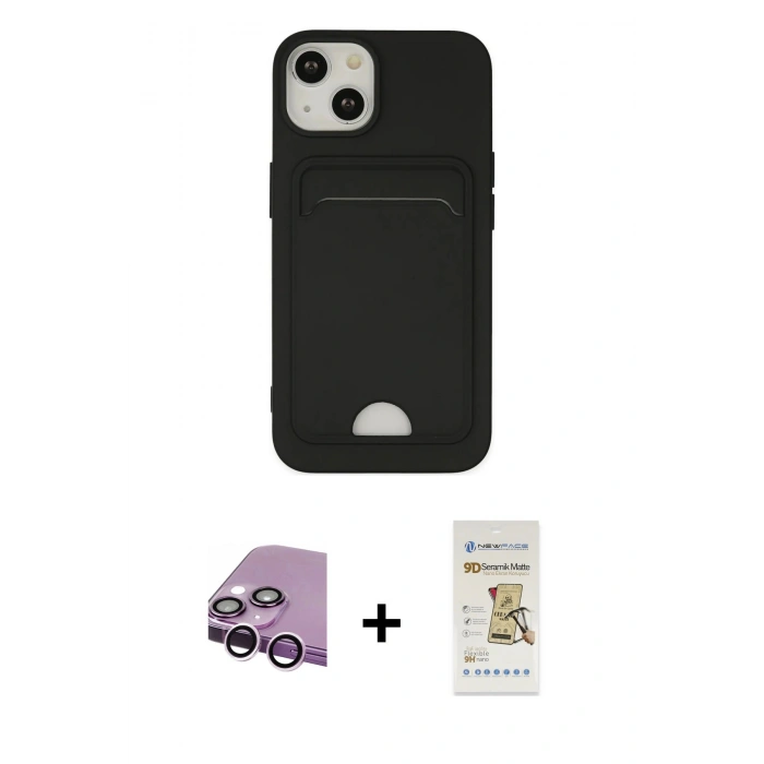 MARSİLYAN™- iPhone 14 Plus Kılıf Vadi Çizgi Prime - Siyah Mat Seramik Nano Ekran Koruyucu + Raze Metal Kamera Lens - MR