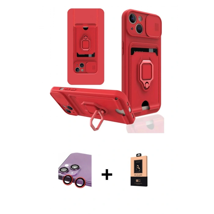 MARSİLYAN™- iPhone 14 Plus Kılıf Vadi Form Prime - Şeffaf Maxco Cam Ekran Koruyucu + Kırmızı Raze Metal Kamera Lens