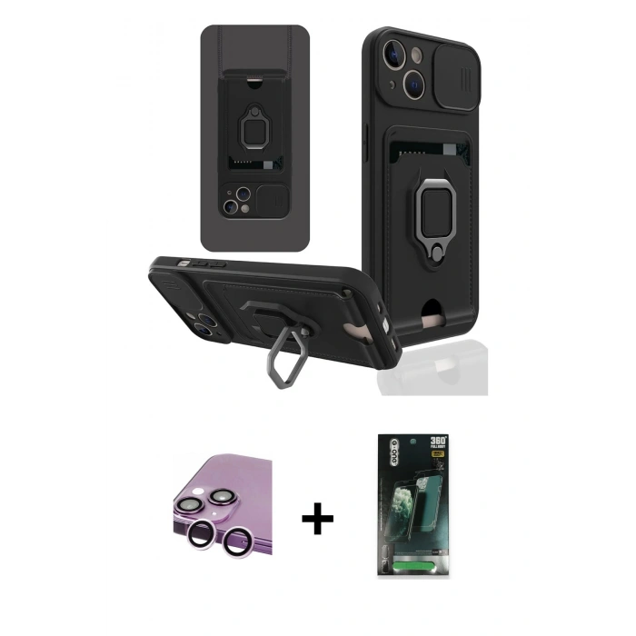 MARSİLYAN™- iPhone 14 Plus Kılıf Vadi Form Prime - Siyah 360 Mat Full Body Arka Koruyucu + Mor Raze Metal Kamera Lens