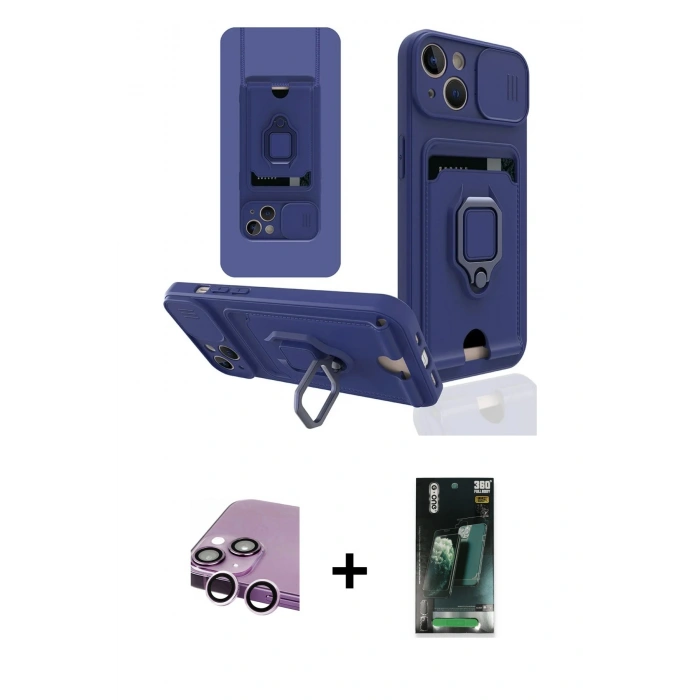 MARSİLYAN™- iPhone 14 Plus Kılıf Vadi Form Prime - Siyah 360 Mat Full Body Arka Koruyucu + Mor Raze Metal Kamera Lens
